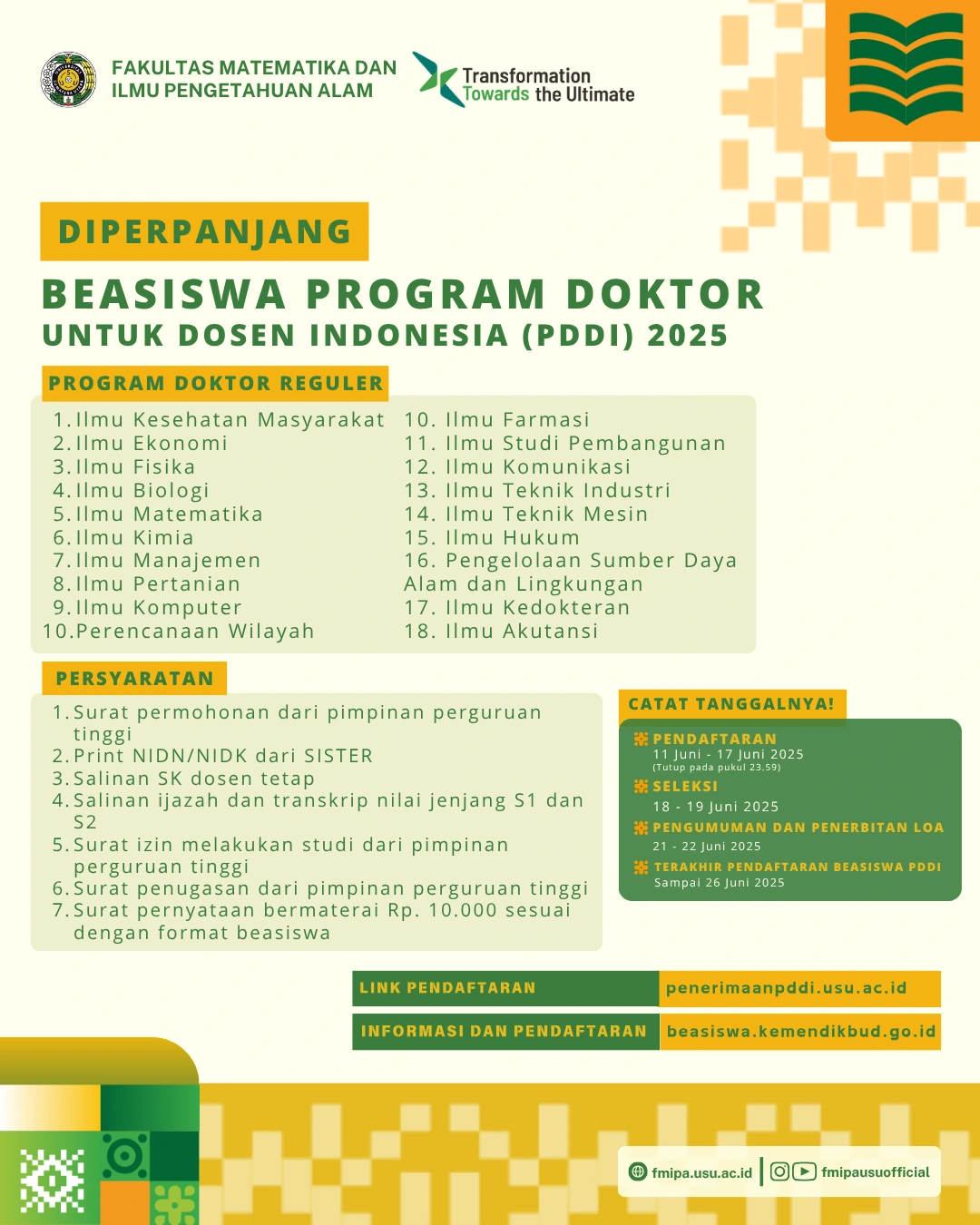 Beasiswa Program Doktor untuk Dosen Indonesia (PDDI) 2025 di Universitas Sumatera Utara Diperpanjang